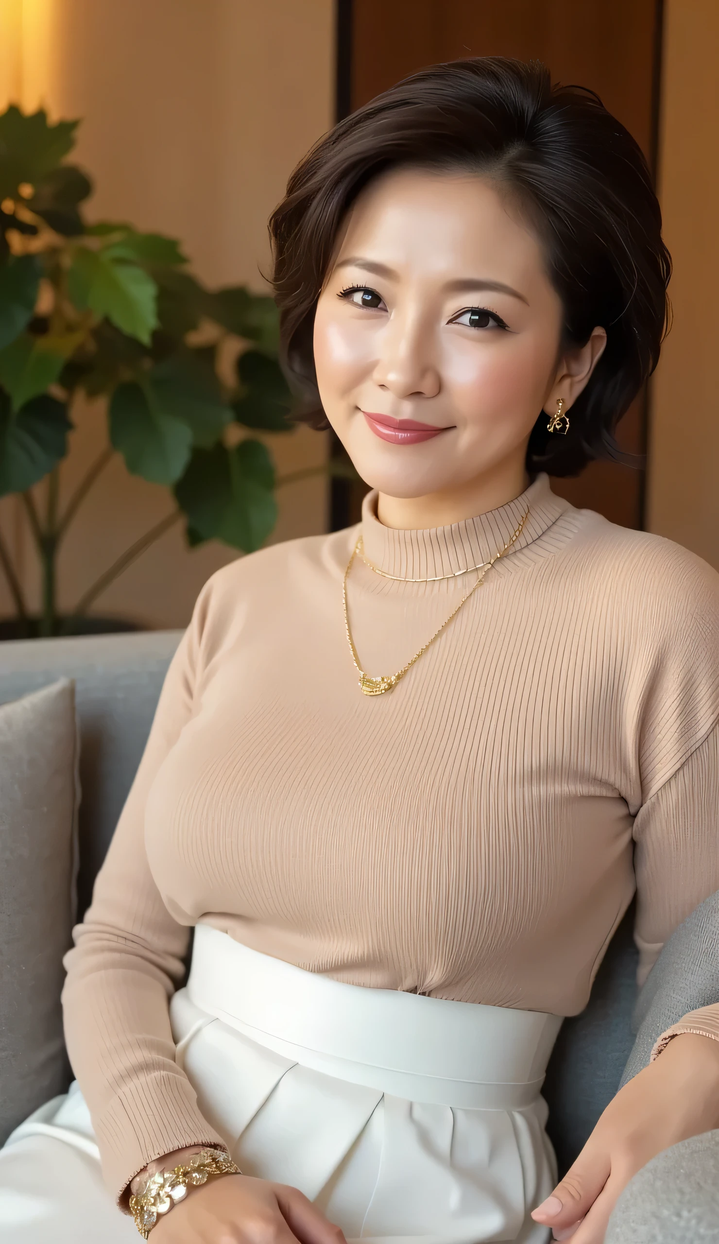 Attractive Mature Woman, ( detailed description of the hair), ( detailed description of the face), ( body that reached its climax ), High Definition , Masterpiece, Top Quality,( She's a Housewife 、Sit on the couch and stare at me with a smile:1.5)、((luxurious deep living room、Luxurious lighting and TV、Foliage plants and sofas:1.3) (Head to Knee Composition:1.6)、beautiful legs、(gentle smile:1.3),Highly detailed, formal: 1.4),, (realistic:1.2, ultra realistic:1.1, realistic:1.37), ( sharp concentration:1.4), depth of field, Physically Based Rendering, (J-cup big big boobs、Cleavage:1.8), sadistic get, (dark curly short hair:1.8), Unrivaled Beauty, ultimate beauty), ((sleeveless in a beige turtleneck、breast bulge、white skirt :1.7)), (50 years old), Japanese,, 、Fine laugh lines  :1.2,、（necklace、earrings:1.3)