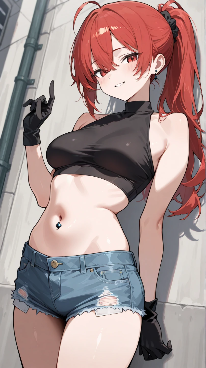 masterpiece, best quality, ultra-high-detailed, naked suspenders, 1girl, makima \(chainsaw man\), red hair, long braided hair, golden eyes, bangs, medium breasts, black pants
