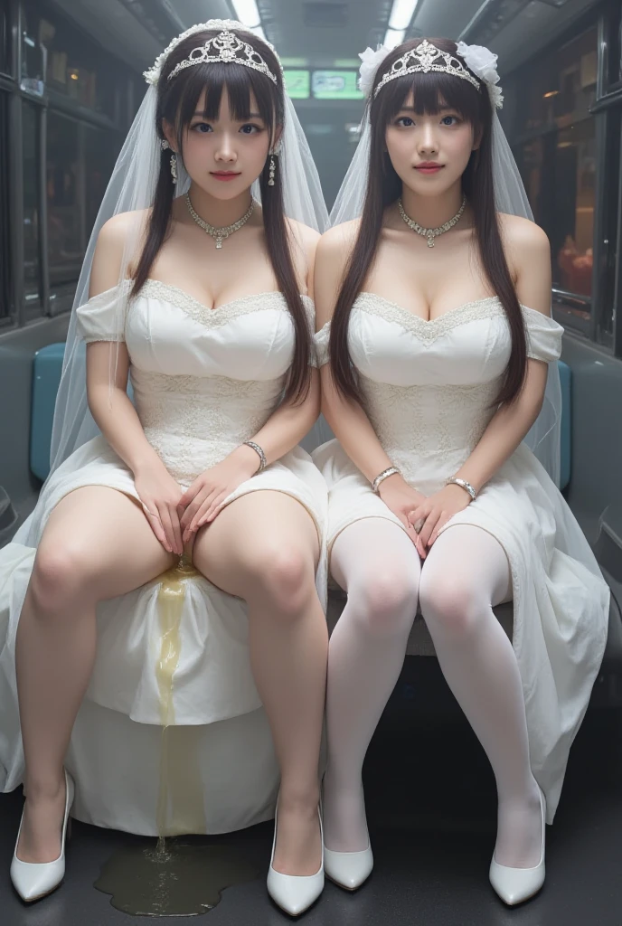 Brides Ayana and Mika、A gorgeous, voluminous wedding dress、Super fat、Big Breasts、Big Ass、Super long straight black hair、Small private room、Sitting on the toilet