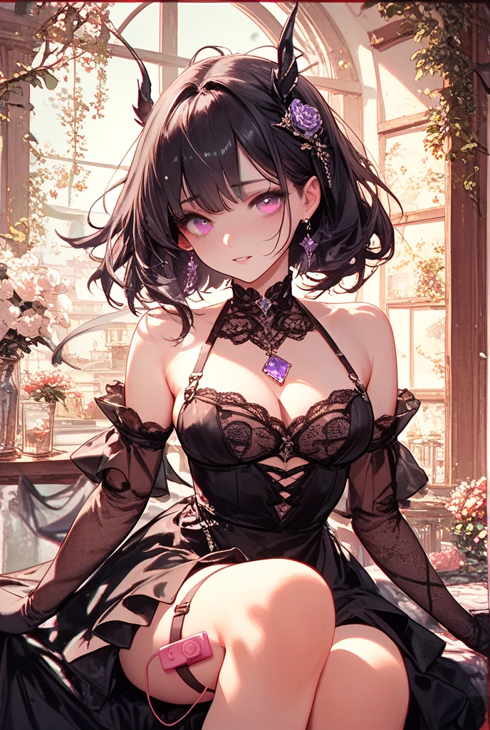 absurdres, RAW photo, extremely delicate and beautiful, masterpiece, Best Quality, ultra high resolution, 32k, hyperrealistic, ultra-detailed, perfect figure, in her 20s, very small head, very small face, delicate facial features, tearful mole, earring, huge breasts, whole body shot, full body shot, medium hair, black hair, intricate Romantic Victorian Gothic Outfit, legs,