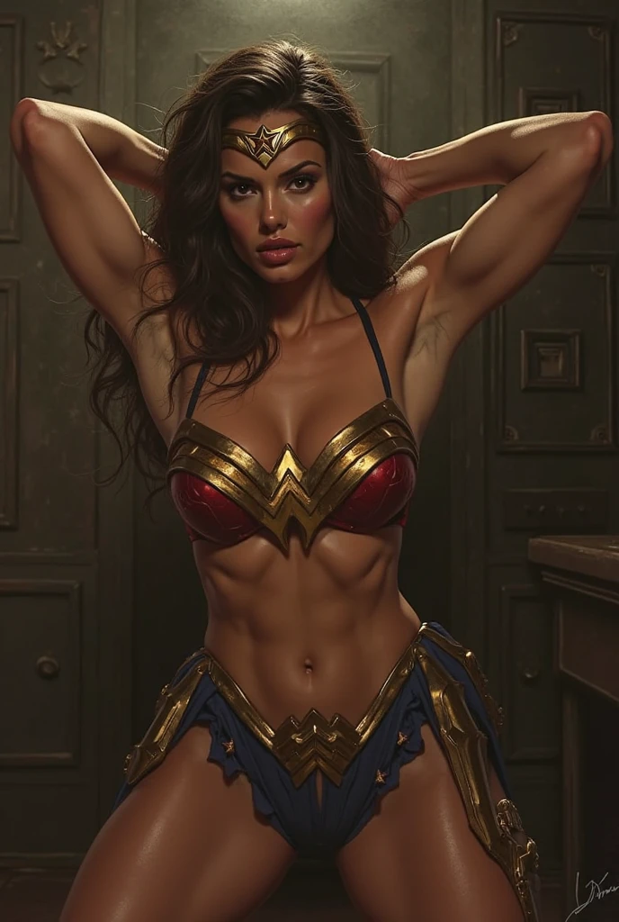 Wonder Woman, sitting in a library in ancient Egypt, is at night. She has her legs spread a little and you can see that she is wearing tight, transparent white panties.
