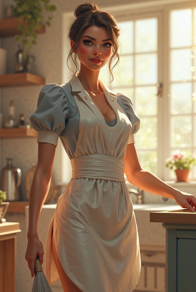 a photo of a gorgeous S069_KatushaLobanova, in a (kitchen:1.2), wearing a (oversized-shirt), (8k, RAW photo, best quality, DOF, ultra high res:1.2), (absurdres, intricate, photorealistic, masterpiece, ultra-detailed, Unreal Engine:1.3)