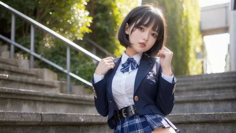 ((SFW、master piece、best quality、muste piece、highest quality、highest level、Highest image quality))、(Magazine Cover)、(1 Asian Woman)、A very beautiful and charming 18 year old woman、beautiful light brown hair、intense black eyes、strong eye highlights、very big breasts、lip gloss、(cute:1.2)、(high detail skin: 1.2)、perfect anatomy、smile、((Red Ribbon Tie、Japanese girls' high 、Dark blue long-sleeved jacket、white shirt、navy blue flare skirt))、((Camera angle looking up from slightly below the front))、(skirt lift)、(grab the skirt、accurate hands、5 fingers)、((The wind flips up the skirt and reveals the panties.))、((skirt lift、white panties、shiny thighs))、Pretty underwear、((detailed white color panties))、from below、((from the front))、Angle from feet、Angle from below、((Angle looking up from below、showing off crotch))、soft backlight、soft light、Soft natural lighting、Daytime street、