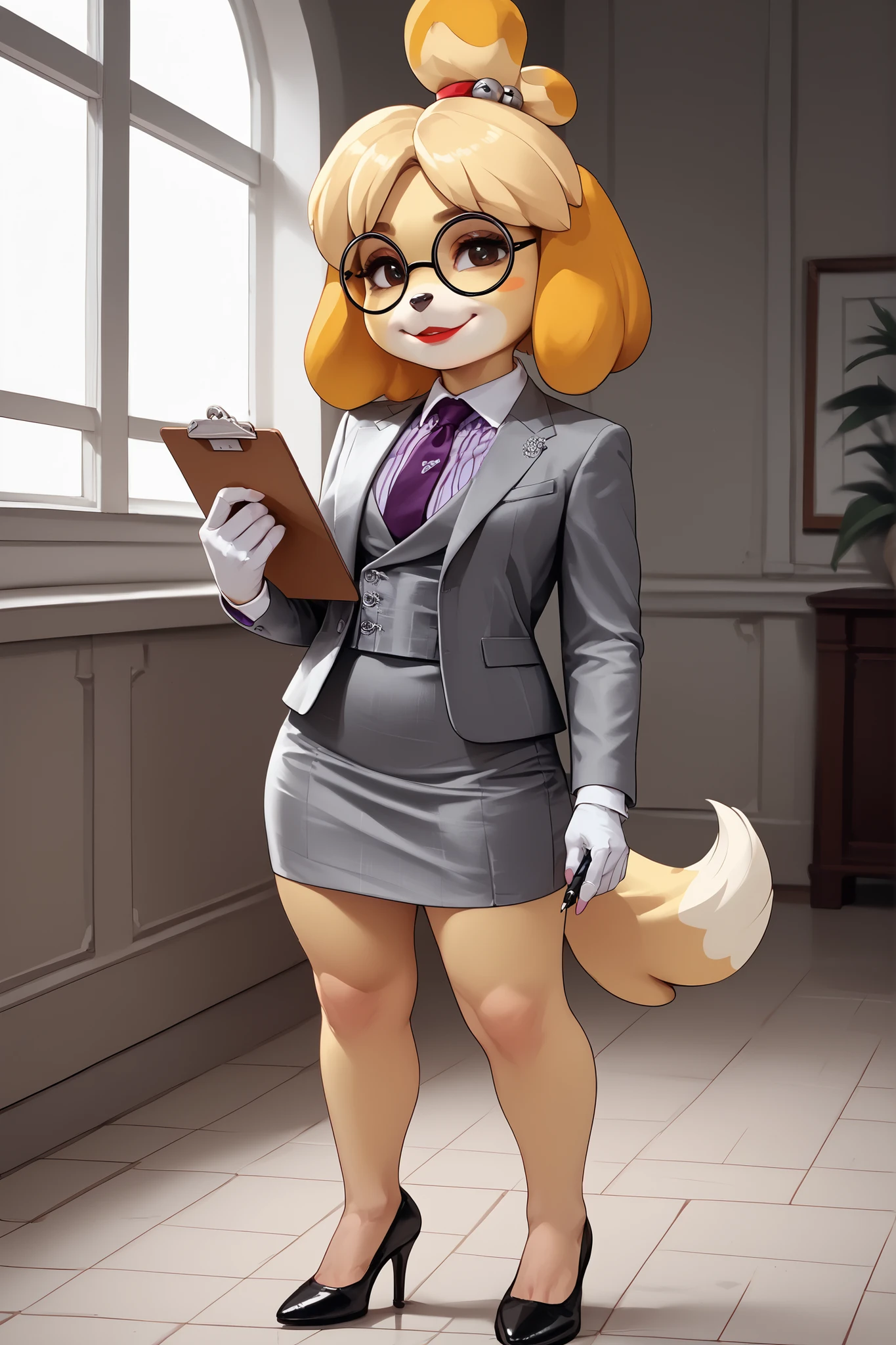 score_9, score_8_up, score_7_up, score_6_up, source_anime, three-piece suit, 1girl, thin-frame round glasses, formal, jewelry, suit, purple necktie, earrings, jacket, (((grey waistcoat))), shirt, window, (((grey jacket))), striped shirt with white collar, (black leather skirt), makeup, Score_9, score_8_up, score_7_up, high heels, white collar and cuffs
isabelle \(animal crossing\) , cute, source_furry, standing, (((holding clipboard and pen))), shortstack, big head, tail, smirk, dynamic pose, lipstick, seductive, louboutin heels, stilettos, elegant pose