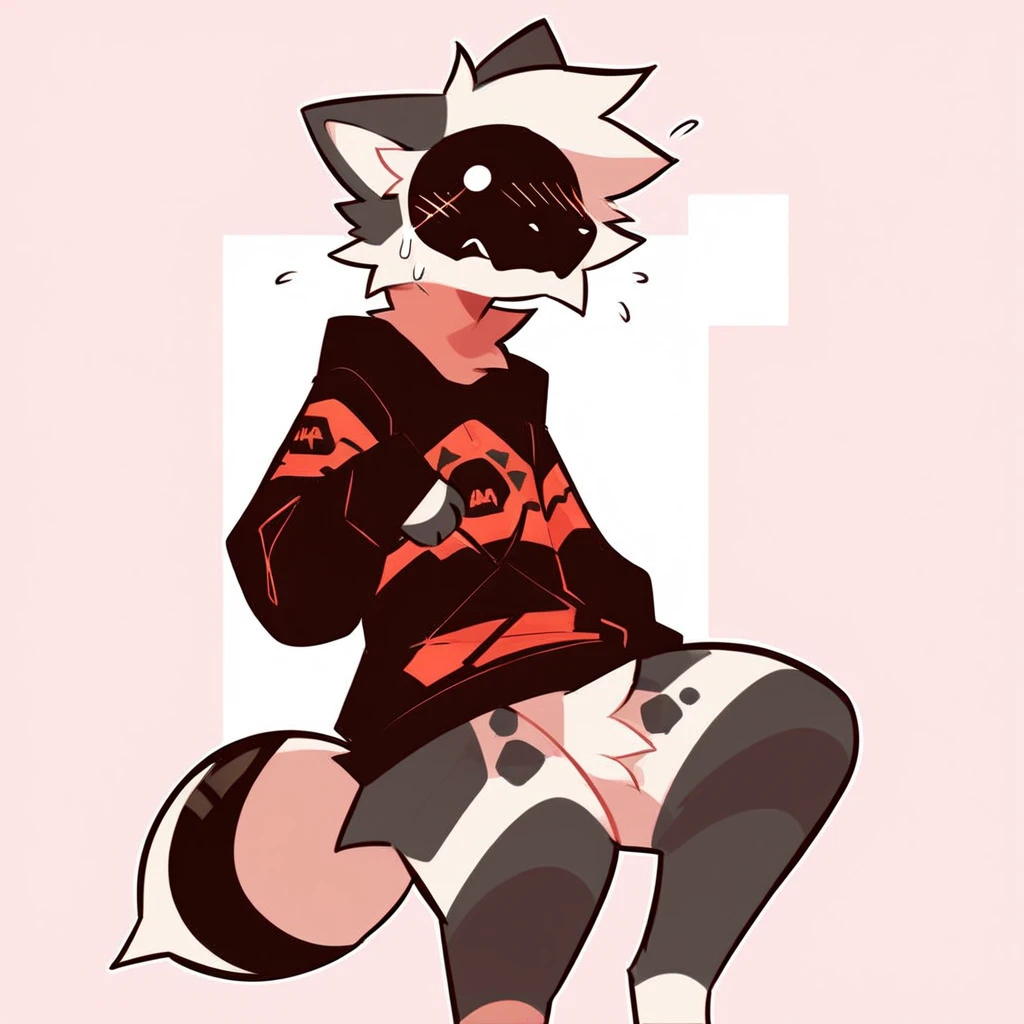 cat-boy, toned, sharp big wolf ears, wolf tail, big black messy hair, extremely vibrant red eyes, HD, masterpiece, vibrant, black converse shoes, slim dark black hoodie, full body view, neutral face, black thigh socks, combat boots.