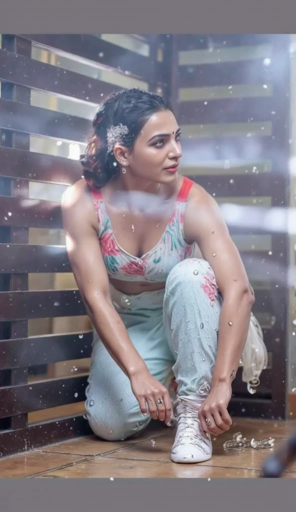 Looks like Kriti Sanon(piece of master), (best quality),photorealism,Realistic, sleeveless,ultra detailed, perfect face, 20 year old woman,long hair, front, beautiful,moderately fair skin,sweat,sweaty,sweaty armpits,armpits,awesome armpits, green coloured outfit,arm bands,arm warmers