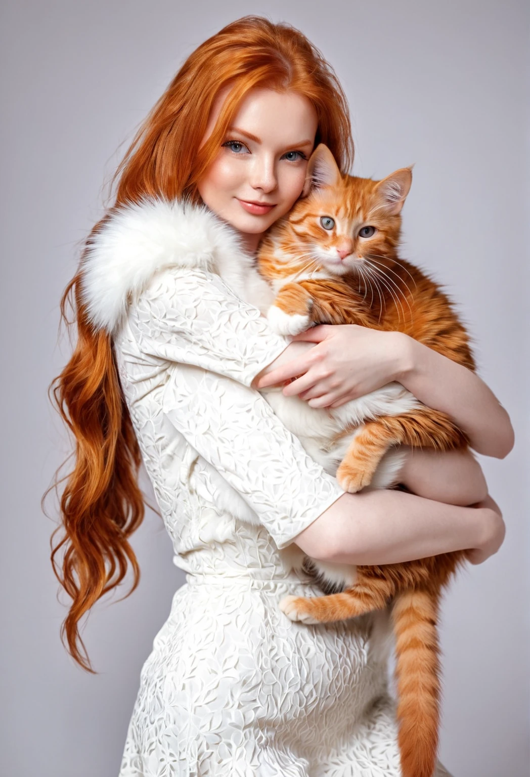 there is a woman holding a cat in her arms, beautiful young catgirl, ginger hair and fur, she is holding a cat in her arms, ginger cat, redhead girl, woman and cat, woman / cat hybrid, flowing ginger hair, very beautiful cute catgirl, attractive cat girl, redhead woman, ginger hair, by Olga Rozanova, cute young redhead girl