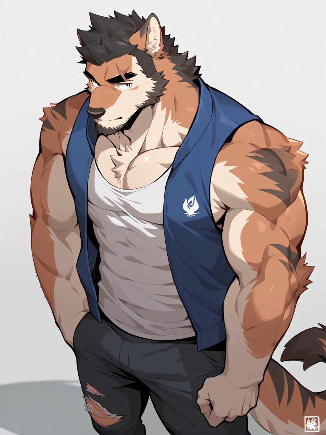 Fox, good looking, male, anthro, jacket, bikini-cut boxers, ultradetailed, muscular, solo, bareness, rippling muscles, muscles, white background, simple background, bulge, cute, yawning, closed eyes, hands behind head