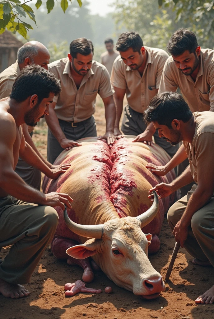 एक आदमी गाय को काट रहा था