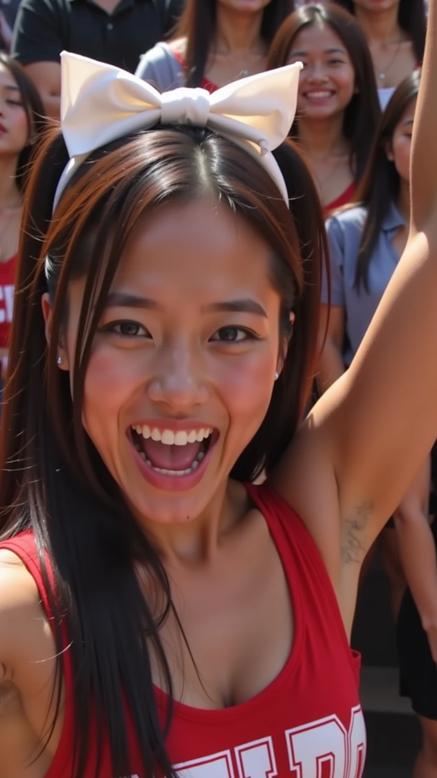 a very beautiful and sweaty 25 year old Indonesian naked girl, with thick hairy armpits and muscular abs, is carried by two young men and her armpits are kissed