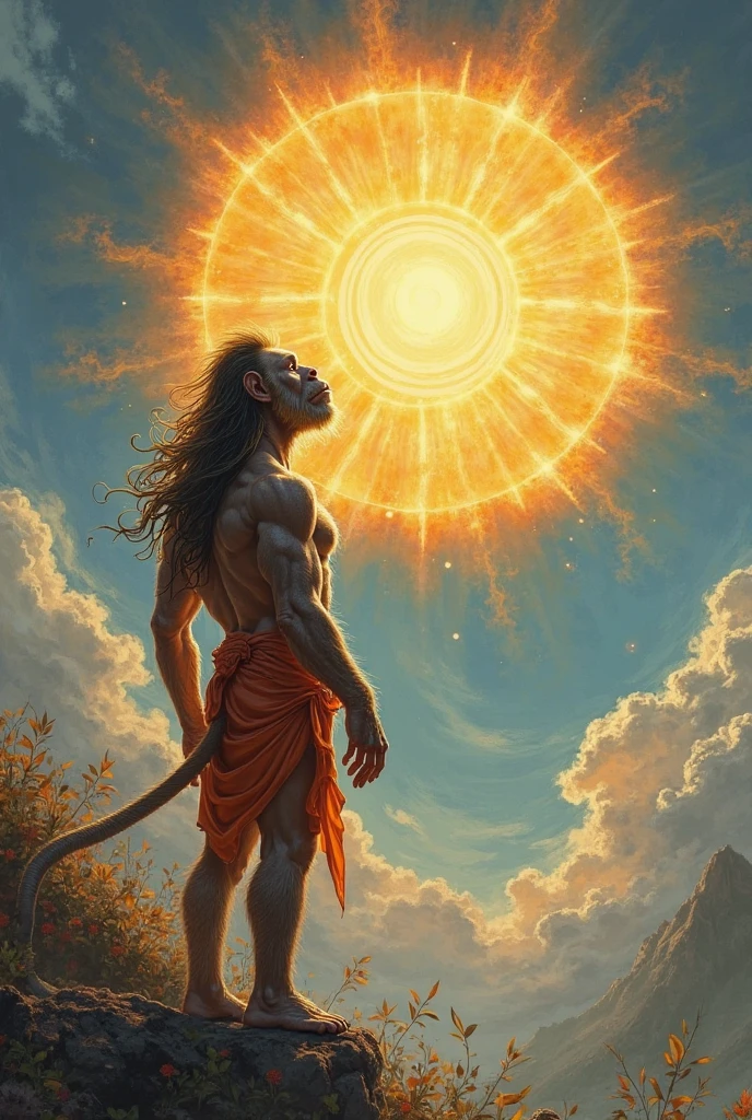 Bhagavan hanuman ,big fit body,human and vanar'face, flying planet , in front of the near the sun