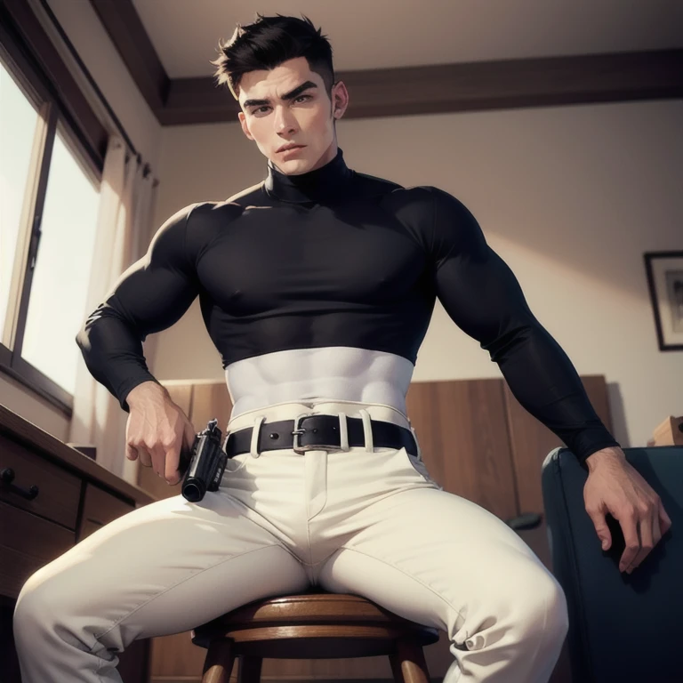 1boy, solo, black eyeliner, male medium length mullet hairstyle, big sharp hair texture, blonde hair, handsome, blue eyes, black choker, white long bandage gloves, kneeling, long transparent tights, bed, room, red lipstick, femboy, blush, thin waist, anime style, bare penis, jerks off his dick, hand on dick, closed eyes, open mouth, holding a penis