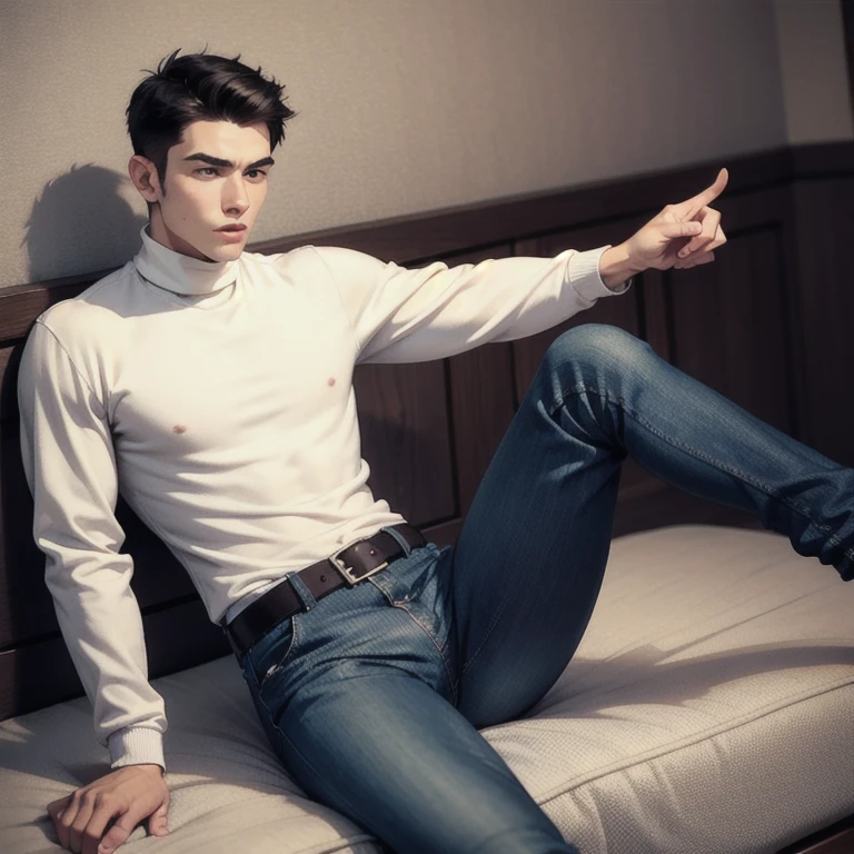 Realistic 4 K HD painting of a young man, with open white shirt and white underpants, sitting on a armchair relax pose. Hight constrast. Soft light