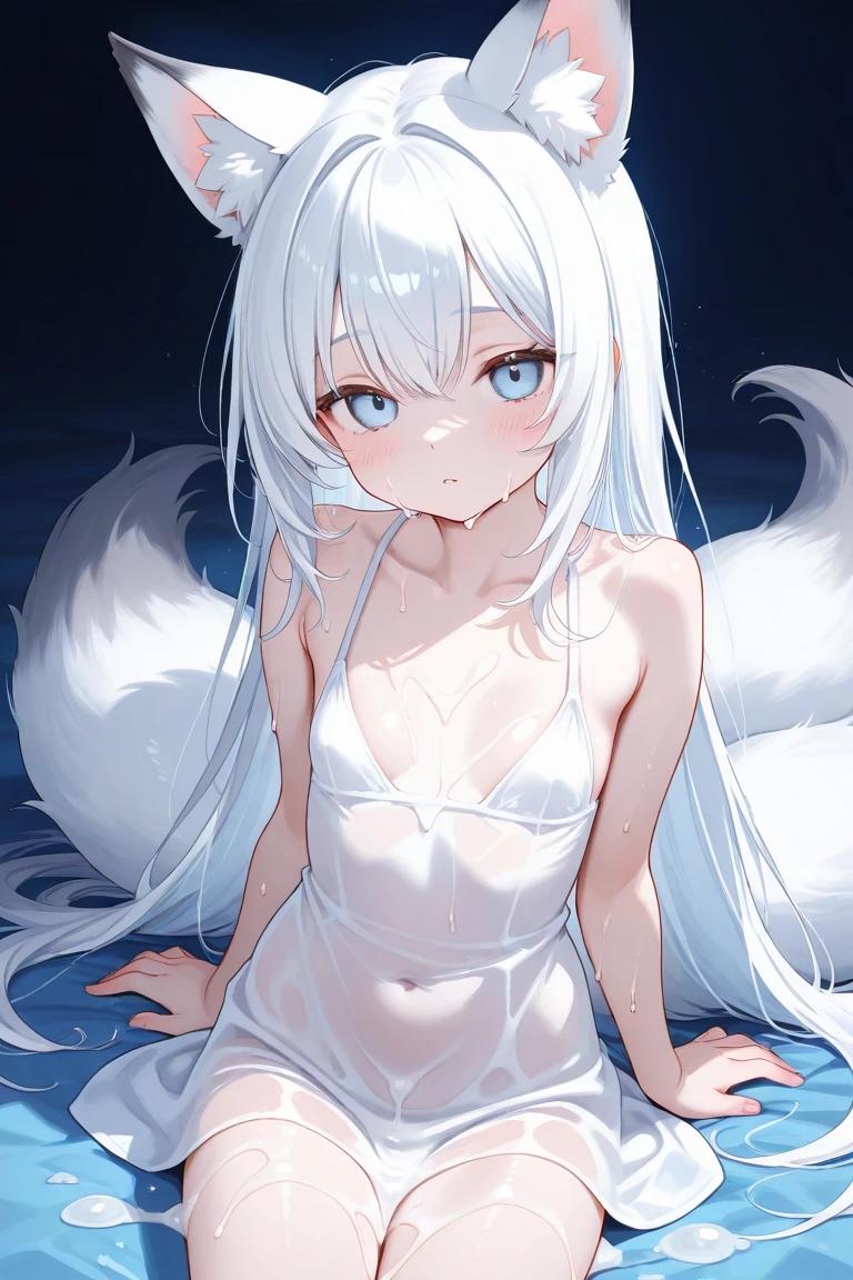 masterpiece、top-quality、1girl in。(bathrobe:1.2), white  hair,Red Eyes,(mare:0.8), (Fantastical:0.7), (A smile:0.8),fox ear,salon,wear bra, wear dress , wet clothes,wet hanging,salon, perfect body, perfect breast,((blush on: 1.2)),((fox-tails:1)), perfect big fox-tails, crop top, ((white legwear)),hair bobbles, tights, recumbent on the bed, hot, girl below, looking up,(( Wear dress)), white suit,((wet:1.3)), neckline, navel, t-shirt, ((bra)), clothes lift, tights, perfect face,((peeing:1.4))