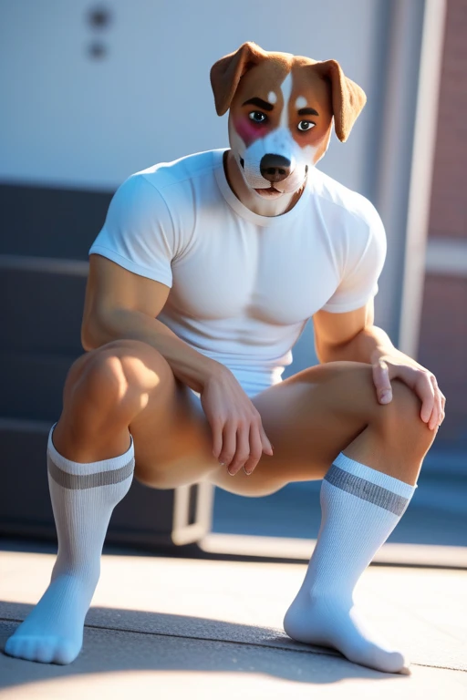 masterpiece，best quality，White Wolf，Naked上身，Naked，Big Bag,   Firm,   Pink,  shy,  Physical Education student，Sticking out tongue，Standing against the background of basketball court，For the audience，teenager，Lean Muscle