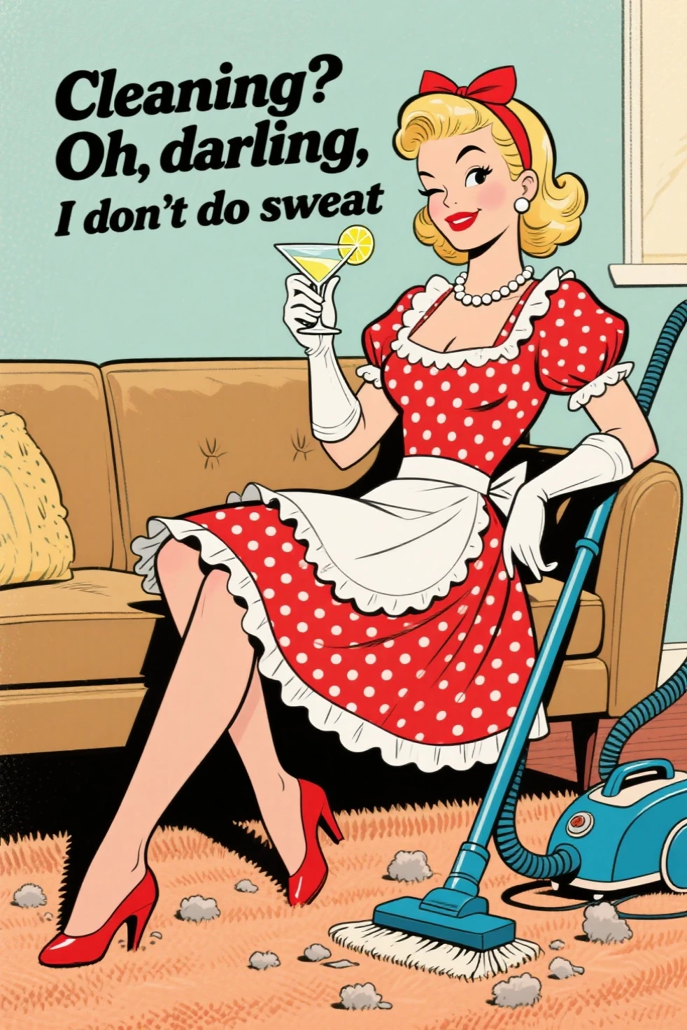 1950s pinup style, vintage poster with halftone textures, 1950s retro-style illustrated poster featuring a glamorous cartoonish housewife in a vintage setting. She wink and she lounges sideways on a tan mid-century couch, with her right leg confidently crossed over the left, legs extended with classic red heels. Her expression is cheeky and elegant, holding a martini glass with a lemon wedge high in one hand. She has voluminous blonde hair styled in retro curls with hairband, red lipstick, pearl necklace, and pearl earrings. Her outfit is a red polka dot frilly maid dress with a white apron and puff sleeves, paired with white elbow gloves. Next to her sits a vintage blue vacuum cleaner, while dust buns scatter across the carpet. The entire scene is in flat, vibrant vector style with halftone textures, soft shadows, exaggerated mid-century lines. Bold text at the top reads: "Cleaning? Oh, darling, I don't do sweat" in a 1950s bold serif font. Overall feel: humorous retro print ad, playful and elegant.