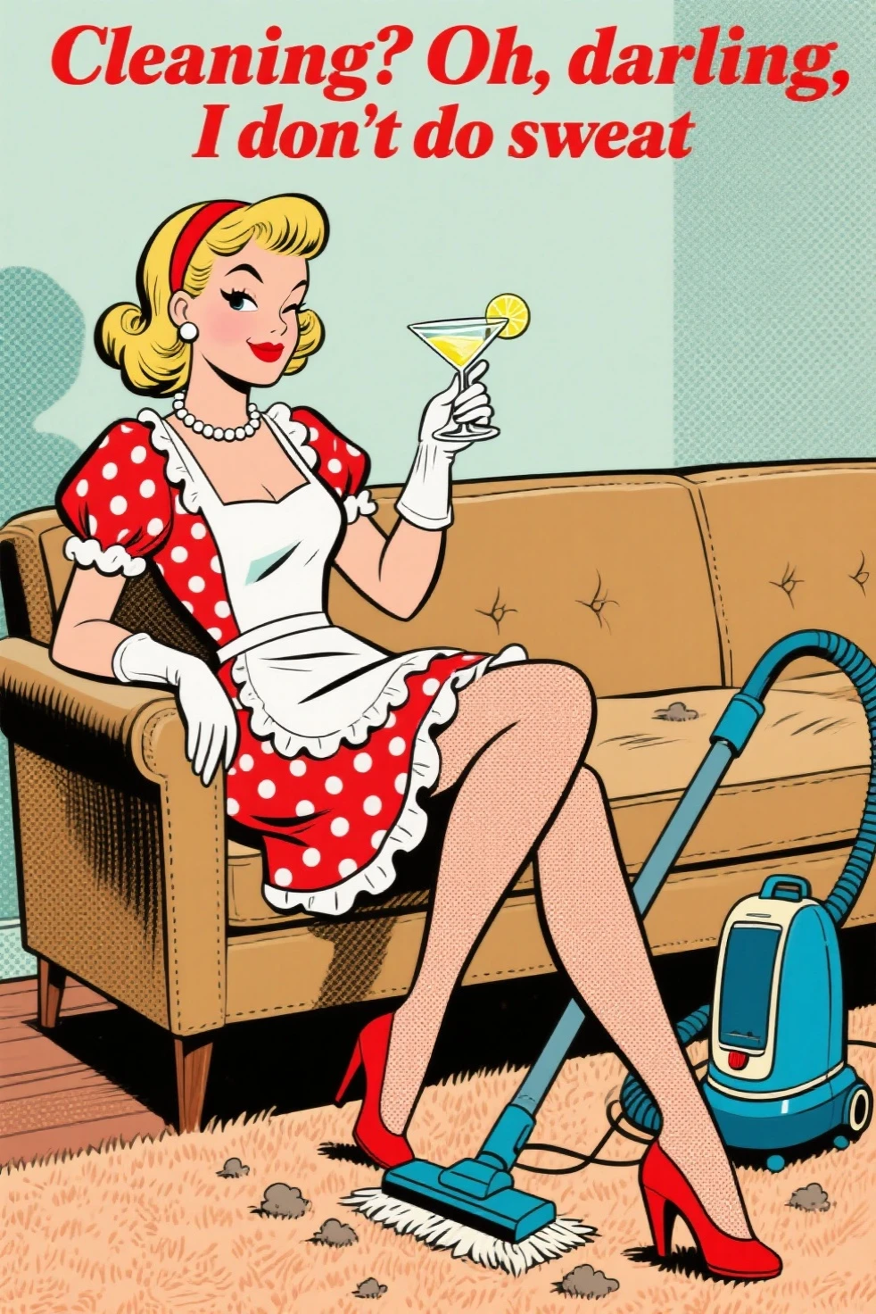 1950s pinup style, vintage poster with halftone textures, 1950s retro-style illustrated poster featuring a glamorous cartoonish housewife in a vintage setting. She wink and she lounges sideways on a tan mid-century couch, with her right leg confidently crossed over the left, legs extended with classic red heels. Her expression is cheeky and elegant, holding a martini glass with a lemon wedge high in one hand. She has voluminous blonde hair styled in retro curls with hairband, red lipstick, pearl necklace, and pearl earrings. Her outfit is a red polka dot frilly maid dress with a white apron and puff sleeves, paired with white elbow gloves. Next to her sits a vintage blue vacuum cleaner, while dust buns scatter across the carpet. The entire scene is in flat, vibrant vector style with halftone textures, soft shadows, exaggerated mid-century lines. Bold text at the top reads: "Cleaning? Oh, darling, I don't do sweat" in a 1950s bold serif font. Overall feel: humorous retro print ad, playful and elegant.