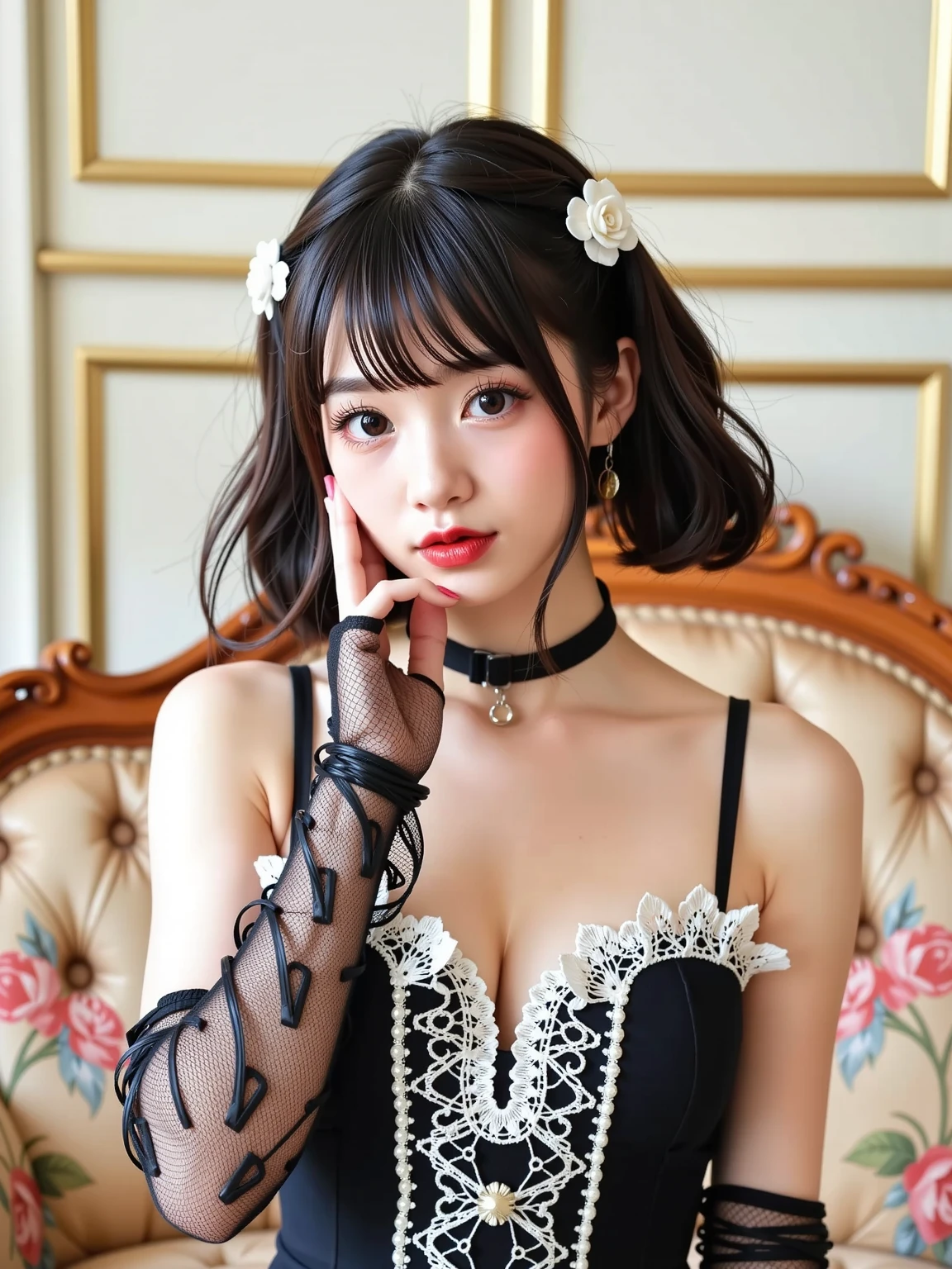 1 Nogizaka Musume、very cute、beautiful girl、19 years old、(Gothic Fashion)、Beautiful Face, Exquisite eye and skin detail、Are you okay, Shiny black hair、Elegant frills、Frilled tie、Ribbon tie、rose hair accessories、(Smiling at the camera)、(Cowboy Shot)、(European Seas)、Professional Lighting、break、(Realistic、Realistic:1.37)、8k、(masterpiece)、(Highest quality:1.4)、(Ultra-high resolution:1.2)、 (RAW Photos:1.2)、(Delicate lace、Soft fabric、beautiful rose pattern dress)、Perfect Anatomy、Four fingers and thumb、Seaside Background、(Wallpaper by Unity 8k)