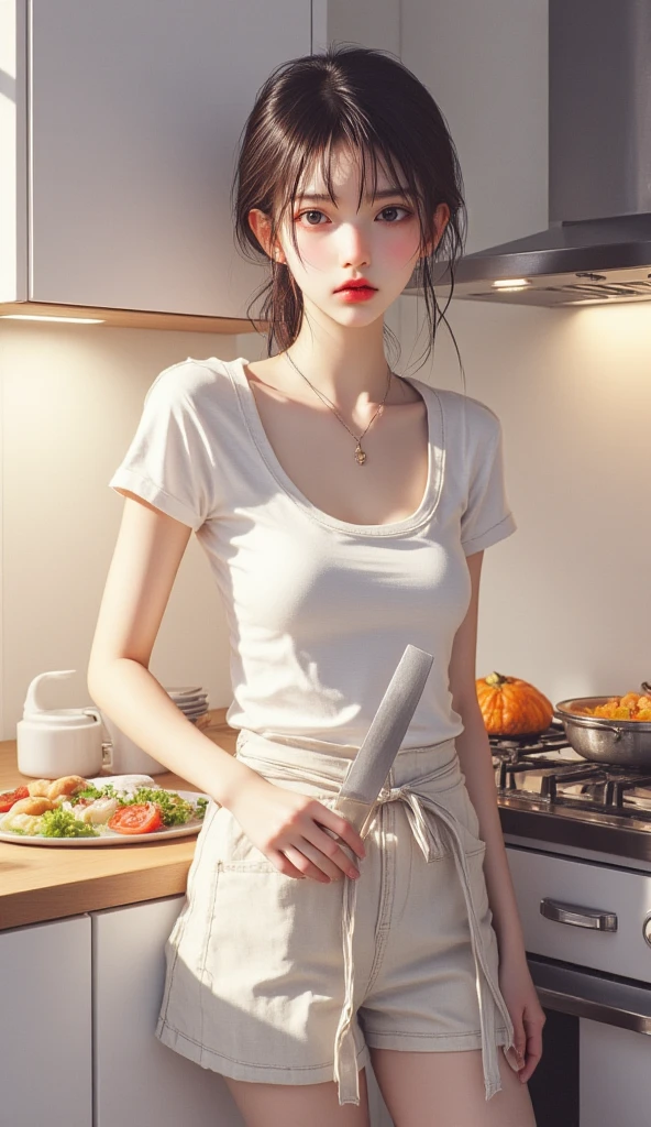 masterpiece, top-quality, 1 beautiful girl, (Detailed beautiful eyes), ((Detailed skin)) , ((Detailed medium hair )), A beautiful 170cm, in colorful clothings, at the kitchen, RAW photos, CG rendering, Blurred background, deep shadow,  16K, bokered,  Very detailed, wallpaper, depth of field, movie light, Ray tracing, 