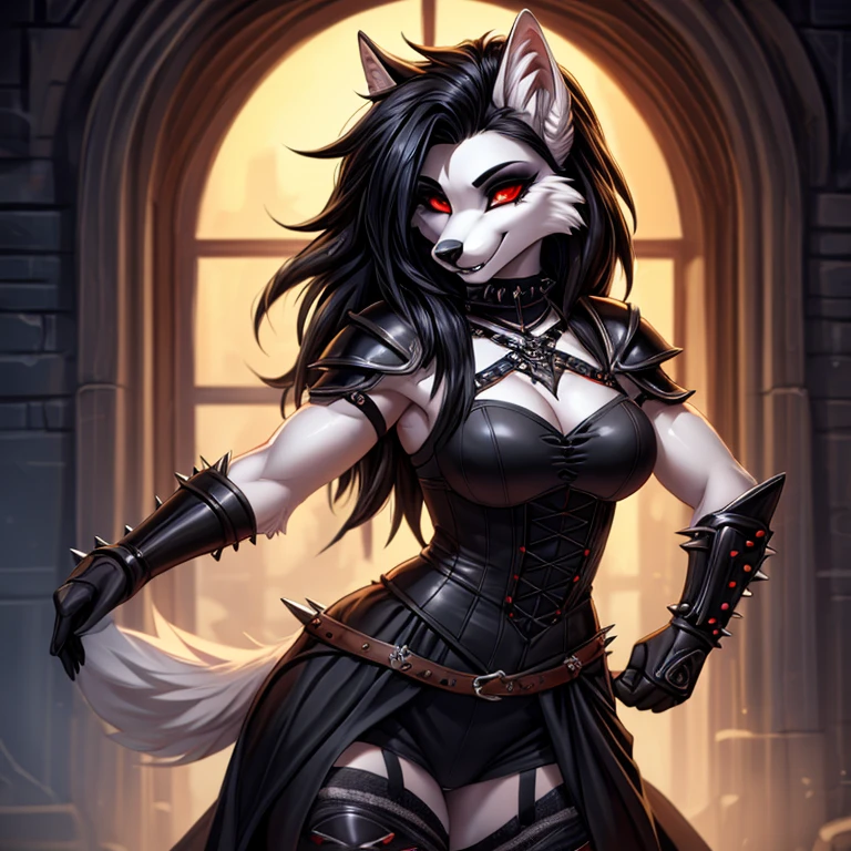 ((best quality, masterpiece, 4k, 8k, high res)), ((Solo)), ((vicious, extremely violent, attacking, fighting)), ((furry; Anthro Wolf)), moist, brunette, attacking, ferocious, fangs, full body, female werewolf, sexy, vibrant colors, (edgy punk hairstyle), knight armor, well-toned abs, Victorian dress, goth corset