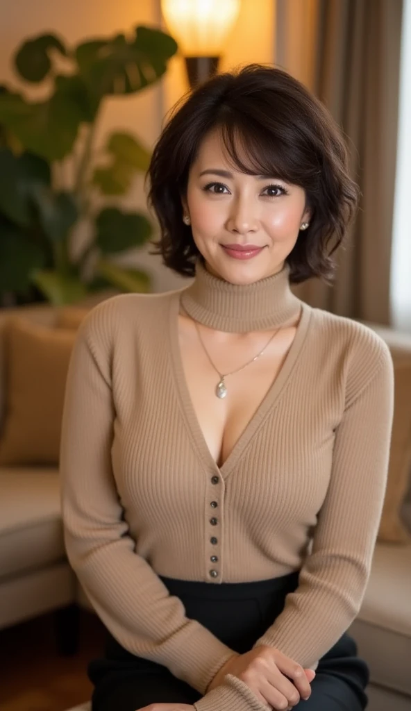 8k, highest quality, masterpiece, Genuine, graphic, Detailed Description, Natural light, Soft sunlight, 1 Japan woman, 40 years old, A little brown hair, Short Bob, Black knit dress, wear(Dress wide open on the chest:1.5)、sit with your feet together、Place your buttocks flat on the ground、(Person sitting in duck pose:1.5)、(Hunchback:1.2)、Shapely bust、(Panoramic view of the valley:1.5)、バストDetailed Description、Mischievous Smile、A kind smile、A shy smile、White teeth、Mini Knit Dresses(You can see beautiful thighs:1.2)、My clothes are a mess、Ring on left ring finger、手のDetailed Description、Western-style room、bed、indirect lighting