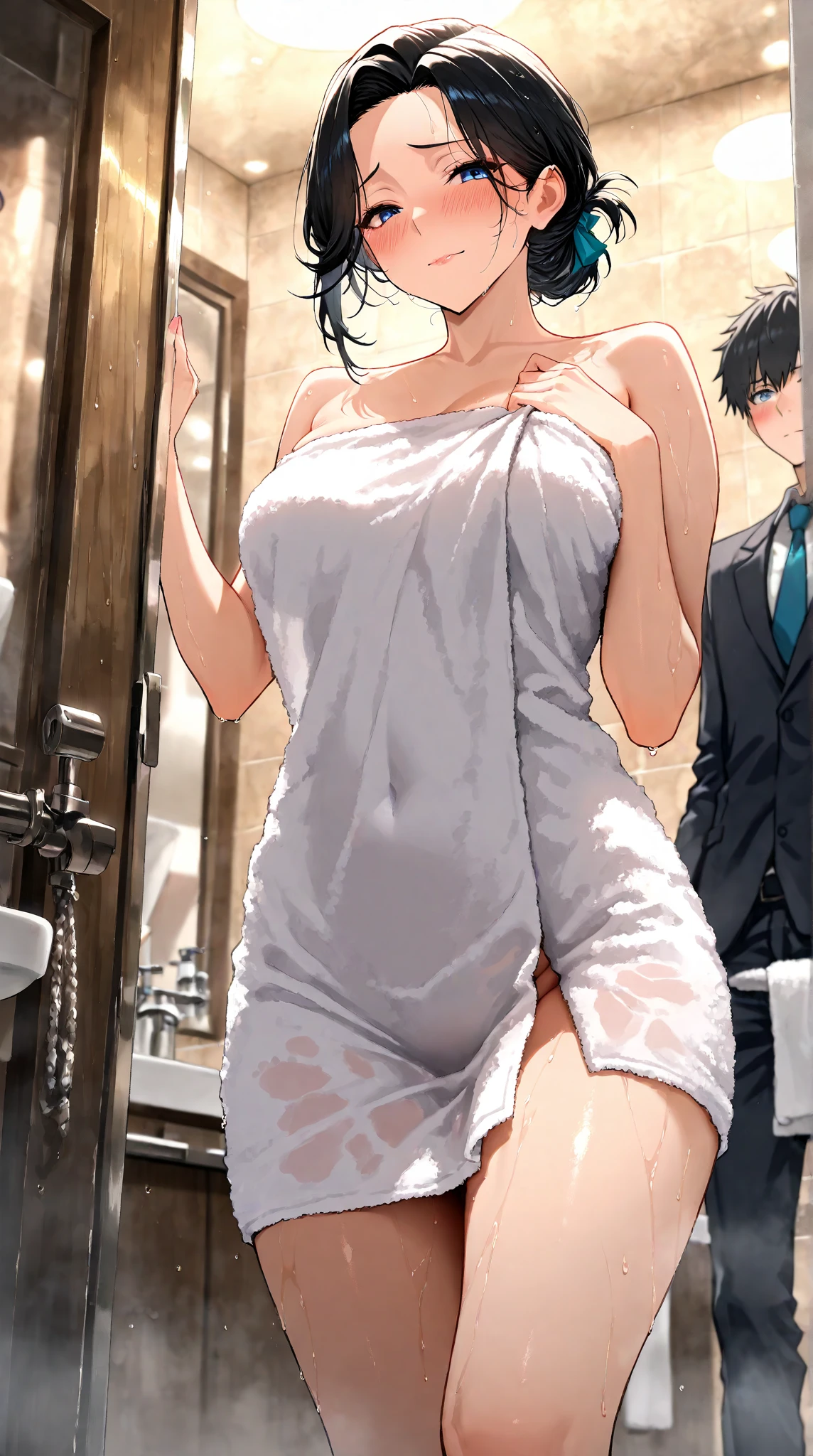 1man,1girl,((((sex from behind:1.5)))),((from side:1.5)),((((girl standing and hands on the wall)))),hetero,intense sex to intense hips shake and intense thrust,vaginal huge penis,( girl is (((dark skin:1.5))),maid,maid apron,maid outfit,huge breasts,very short hair,black hair,white flower Hairpin,blue eyes,sanpaku,sanpaku eyes,rolling eyes,crying with eyes open,cum overflow,sobbing,(((tearful:1.5))), sad,punishment,painful,(((look up:1.25,lean back:1.25,open mouth:1.25,tongue out:1.25))),((forced orgasm:1.25)),((trembling:1.25)),((looking at viewer:1.5)) )