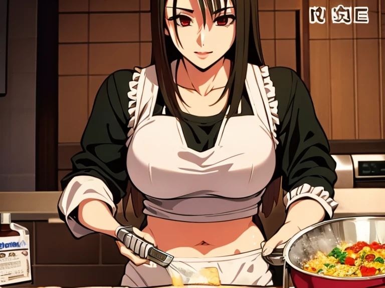 FriedrichA woman, with black hair, red horns, yellow eyes, wearing a maid costume in a kitchen