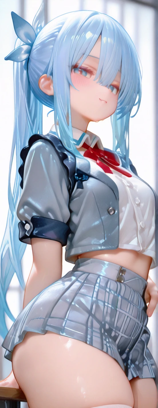 Real View,clear blue shining eyes,Shy face,Cute,kawaii girl, Constriction,big breasts thin waist,Slim big,long, shiny hair,Transparent vinyl sailor ribbon shoulder shirt,See-through vinyl pleated skirt,Embarrassing pose,ring light,Light source from below,spot light,