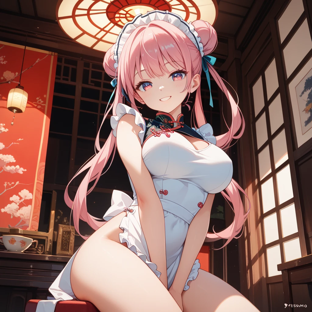 1 girl, animal ears, long hair, pink and light blue hair,pink eyes,big breasts,tits, long hair, looking at the viewer,Bunny ears, big ass,smile, alone, split color hair, two tone hair,China dress,fur,wet with sweat,