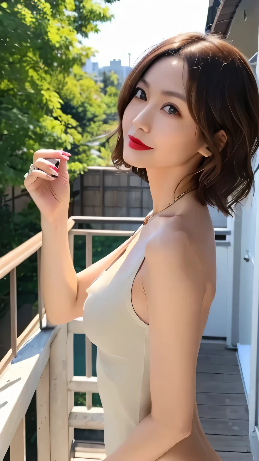  very detailed, masterpiece,  top quality,  photorealistic,  (skinny body:1.7)、(Naked 40 year old Japanese woman), detailed face、() 、((beautiful makeup、Beautiful mature woman with red lipstick))、Beautiful Eyes,very sensual face,   (I can see my naked breasts), ((light brown hair wearing 、 short hair in waves))、The nose stands out、Goddess of refinement、necklace、No expression、Bright Lighting、upper body up、I'm standing on the terrace。From the side