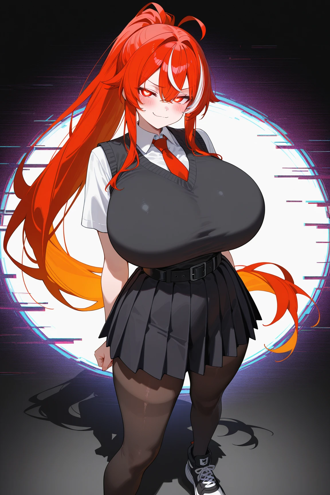 ((masterpiece, best quality)), (1girl), (solo), (female focus), (orange hair, long hair), black eyes, light smile, (naked), large breasts, nipples, NSWF, ((black short skirt), standing, white background, arms behind back, dynamic angle