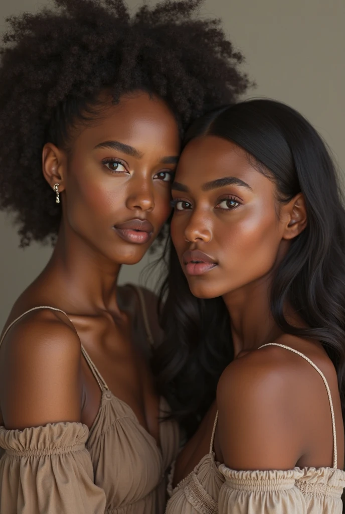  there is a black woman , the woman has curly black curly, she has brown skin, with dark brownish skin, with long curly, long black curly hair she is doing a  professional photo shoot with a random girl 