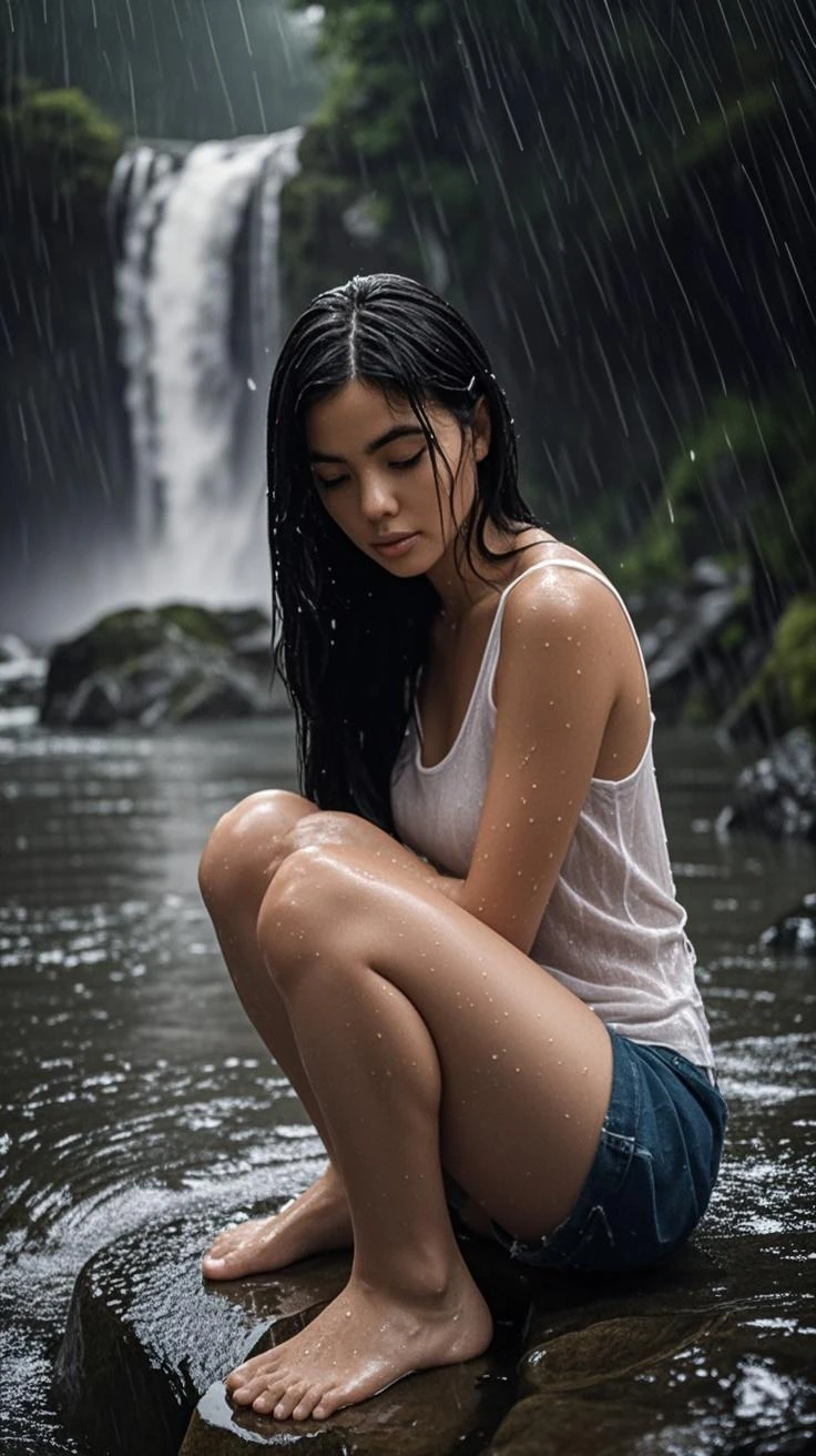 HDR photo of woman with long brunette hair, eyes closed, white tank top and underwear, clinging clothes, sitting in a grass field in the rain, raining, wet skin, wet hair, foggy, misty rain, puddle of water, reflection . High dynamic range, , vivid, rich details, clear shadows and highlights, realistic, intense, enhanced contrast, highly detailed