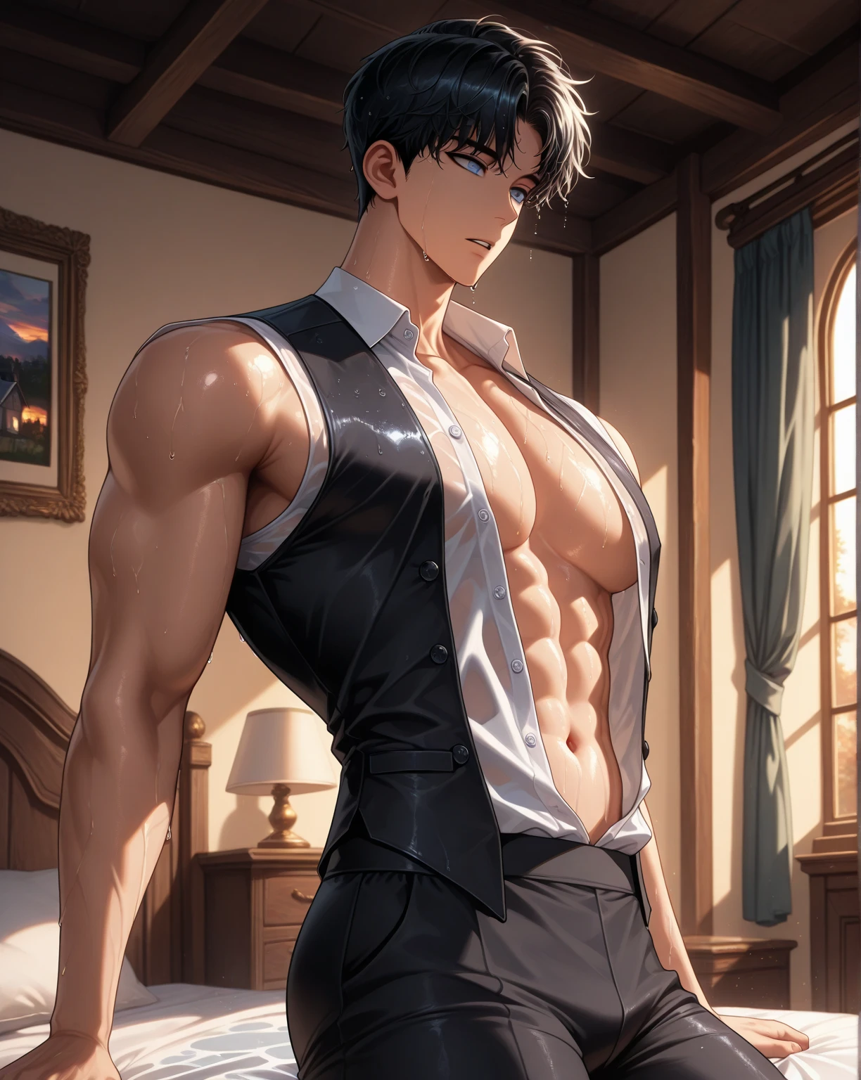 masterpiece, best quality, masterpiece, best quality, masterpiece, best quality, masterpiece, best quality, high quality,high detail, ultra detail, Uhd, 4k,4280x2240, depth field, (hdr:1.9), correct anatomy, a boy masculine with short hair black hair abundant brown eyes (male_chest) rear_shaped-heart_wide_and_long wide_hips with complete spring outfit smile