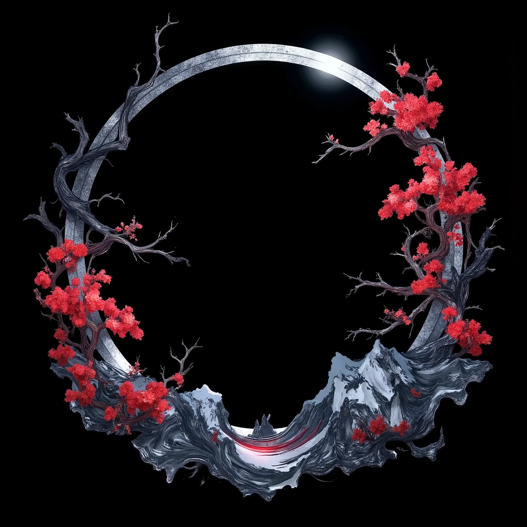 Detailed, stylish image of a round avatar frame on a deep black background in a modern Japanese style with glowing neon duplicate contours. The frame should be thin, elegant, with asymmetrical elements inspired by traditional Japanese aesthetics (for example, waves, sakura branches, mountain silhouettes or abstract ink strokes). Trending elements: micro-detailing, subtle neon smudges (in dark blue and burgundy shades). Add light silver accents to emphasize minimalism and sophistication. Inside the frame is an empty space for the avatar, slightly muted, with the effect of a light haze or gradient. Style: modern digital art with the influence of Japanese graphics (ukiyo-e, sumi-e), but with an emphasis on conciseness and clean lines. Color scheme: black, shimmering neon, silver + one muted accent color (dark red and indigo).
Composition: a balance between emptiness (ma) and complex but unobtrusive patterns. Avoid oversaturation — just hints of ornaments. Mood: mysterious, meditative, with a touch of modern urbanism. Quality: 8K, ultra-clear, cinematic lighting with soft highlights.