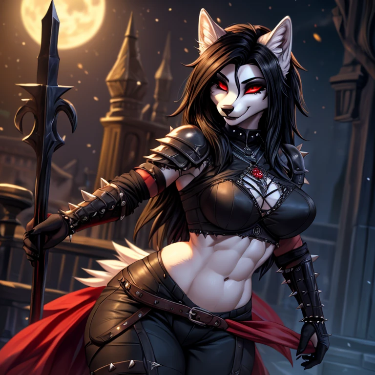 loona, hellhound, ((grey hair, white fur, colored fur, glowing red sclera, white eyes, wide eyes, lipstick, makeup, narrow waist, skinny, medium breasts, earrings, alone)), pelvic curtain, ((armor, armor cruzade)), full body, perfect body, (insanely detailed, beautiful detailed face, masterpiece, best quality) , (((solo))), (((1girl))), (((mature))), (extremely detailed 8k paper CG wall unit: 1.1), (castle, dusk), (smile face for the viewer), Chinese style, glowing sword, figthing pose
