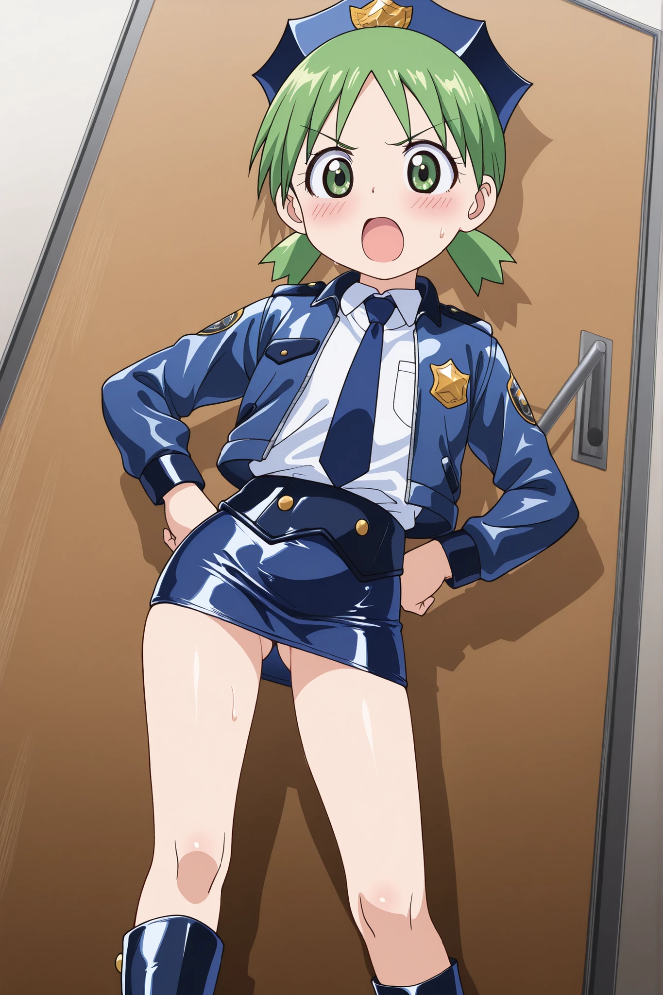 nsfw,sexy,(anime style),score_9, score_8_up, score_7_up,masterpiece, best quality,ultra detail,1girl,((((solo)))),solo,koiwai yotsuba,green quad tails,(green eyes),school,((white shirt)),((blue tie)),((Flat Chest)),(((knee))),(hands on own hip),((dramatic angle))
,(((((MINI POLICE SKIRT))))),(blue leather jacket),(blue leather short boots),(blue jacket),((((shiny leather blue mini skirt)))),((blue mini skirt)),(ass visible through thighs),(((contrapposto))),((((A glimpse of her thin thighs)))),looking at viewers,open mouth,sweat,blush,v-shaped eyebrows,