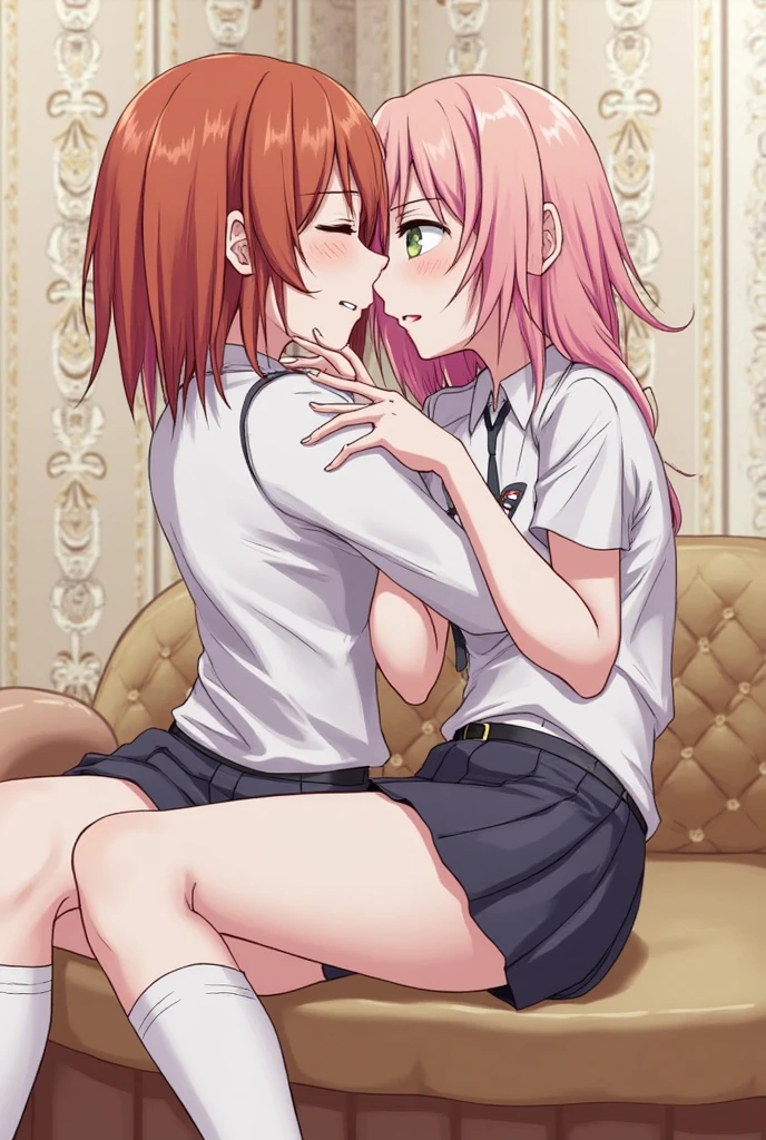 One Woman、One boy、One Shota、private teacher、Big Breasts、Pink Hair、long hair、Ahoge、Kind older sister、Pink Glasses、Green Eyes、Smile、naked、Light pink small nipples、Bedroom、On the bed、Droopy eyes、Woman and boy staring at each other、Missionary sex while hugging、The boy has his eyes closed