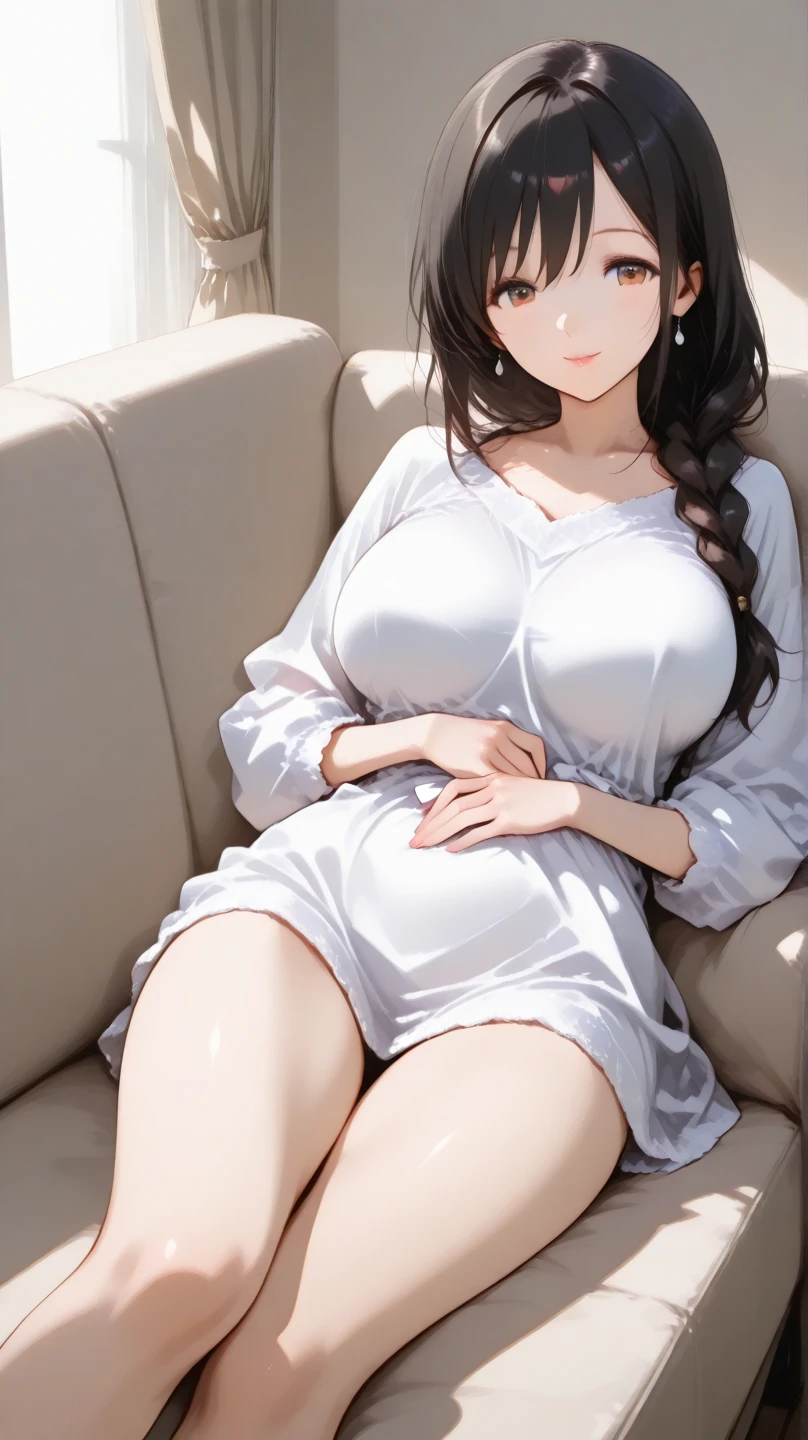 ((Best quality)), ((masterpiece)), (detailed), adult woman,  white платье, sitting on the couch, Good shapes, wide hips, dark hair, Hair shine, confident facial expression , House, long legs, high, confident smile, European, the whole body is visible, life ball, Beautiful face, long hair, gorgeous eyes, big belly, smooth belly, swollen belly, woman standing on the left, Inside the room, Medium breasts, White dress, spread your legs