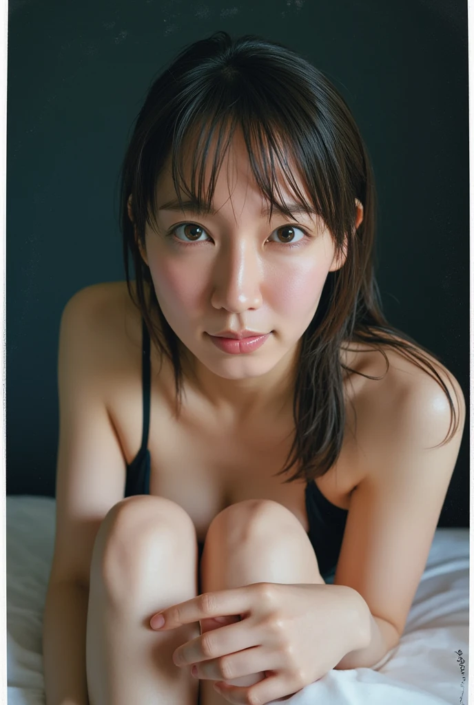 ((highest quality)), Mature woman with bob hair and swimsuit、Lie face down on the bed、Full body portrait looking at the photographer、black one piece swimsuit