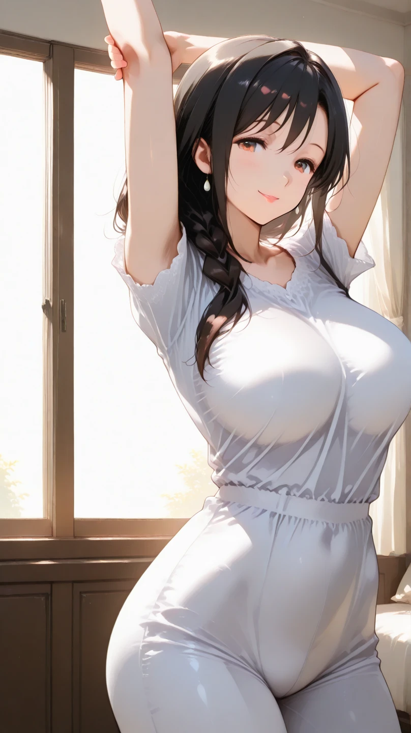 masterpiece, best quality, finely detailed, high resolution, extremely delicate and beautiful, dim light, best shadow, cowboy shot, 1girl, sleepy eyes, (huge breasts:1.4), (cleavage), bright skin, (oversized T shirt:1.2), (pantless), cowboy shot