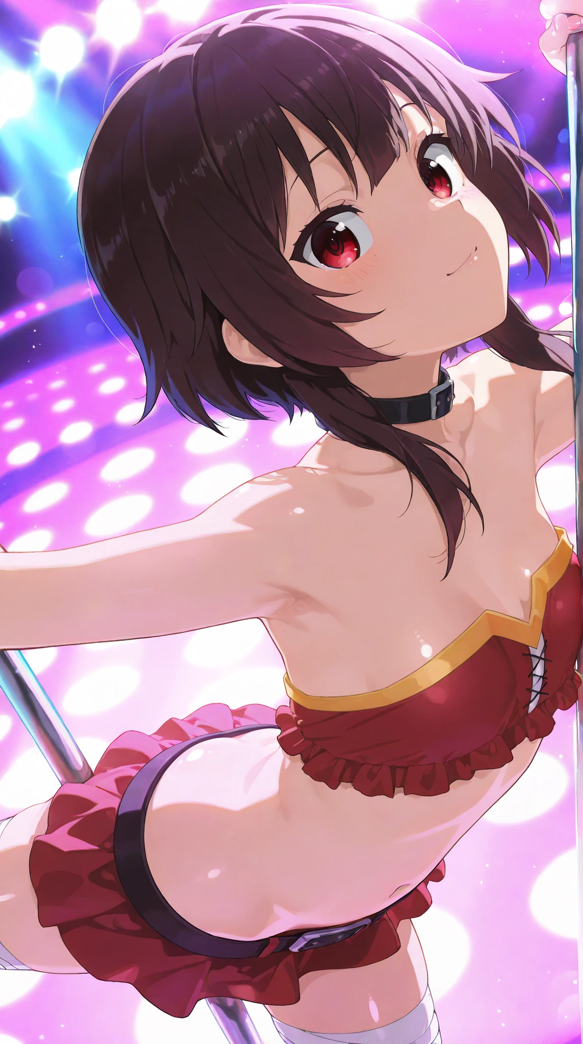 score_9,score_8_up,score_7_up,source_anime,cowboy shot,Idealized Forms,Natural Light,details background,blurry background,extremely detailed,1girl,(aga),hatsushimo(kancolle),brown eyes,(left(white)right(blue))headband,(black)long hair,(low-tied)hair,(black)hair,small breasts,(petite),nude,pole,pole dancing,club,stage,spot light