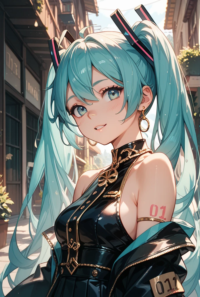Cat ear masterpiece, hatsune miku, Exposing shoulders, The sleeves are separated, Evil Smiley Face, Red eyes, Iris, Pupil orange,Light blue hair,Smaller breasts,Cleavage,Black Swimsuit,