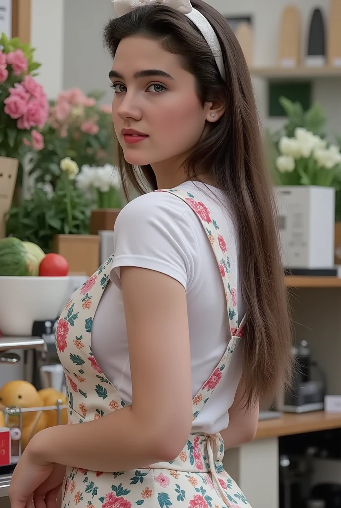 highest quality,masterpiece,Ultra-high resolution, (Realistic:1.4), girl, 18-year-old, (Firm breasts:1.2),  (Slim face, Narrow waist, Thin legs), Charm,  look at each other, Dynamic Shot, (black choker) , Long sleeve, (bangs), Blue Contact Lenses, smile, Big Breasts, ((Upper body naked wearing apron))、very long eyelashes, ((market))