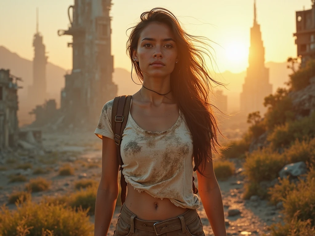 (Photoréaliste:1.4). Plan large, 16:9, photographie professionelle. style annees 3150) dans un monde dystopique néo rétro futuriste. Une fermière européenne au premier plan, 35 ans et magnifique. Elle a les cheveux brun, attachés derriere la tête, les yeux vert, tatouages mysterieux sur les bras, belle poitrine, 1m65, elle porte un debardeur moulant beige avec des taches de terre et un pantalon multipoches noir moulant. elle cultive un champ de plantes bioluminescentes bleue electrique plutot hautes, soleil couchant, robot humanoïde de guerre de l’ancien empire, lourd et rouillé des annees 2900, en arrière-plan. Ultra cinematographique, ultra detaillé, textures ultra detailles, contrast intense, Résolution Haute, Anatomie correcte, Qualité Meilleure, UHD, Peau texturée, 8k Cheveux Longs, Frange, Cheveux Bruns, Queue de Cheval, Ray Tracing,
