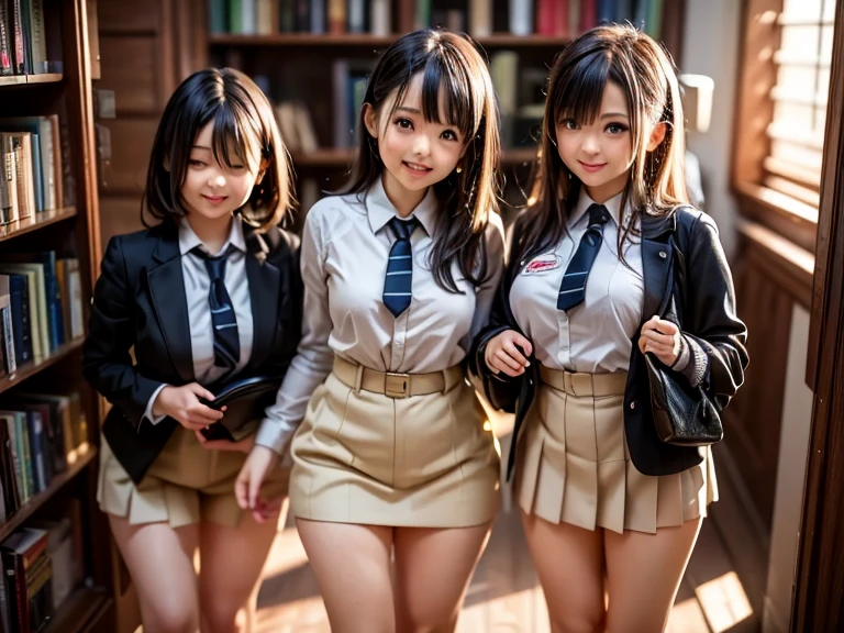 NSFW, ((masterpiece)), ((highest quality)), (Super detailed), ((cute)), cute, (Multi-point), ((sexy)), (device), ((very detailed)), 4k, (8k), highest quality, (beautiful), hyper cute face, shape, anime style,hyper genuineistic, genuine, dynamic angle, ((full body)), close, thick outline, clear outline, on school, (three girls, 3 cute girls:1.5), (school girl uniform :1.5), beautiful light brown hair, beautiful brown eyes, ((beautiful eyes)), (leaning forward:1.5),(skirt lift:1.5), short hair, big breasts, smile