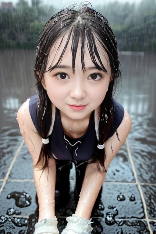 3girl in, Japanese, Junior high school girl, 14 years old, medium breasts, Breast Focus, Black hair, Middle hair,School swim wear,hight resolution, ighly detailed, (the whole body is wet:1.2),small breasts,smile,(best quality,4k,highres,masterpiece:1.2)