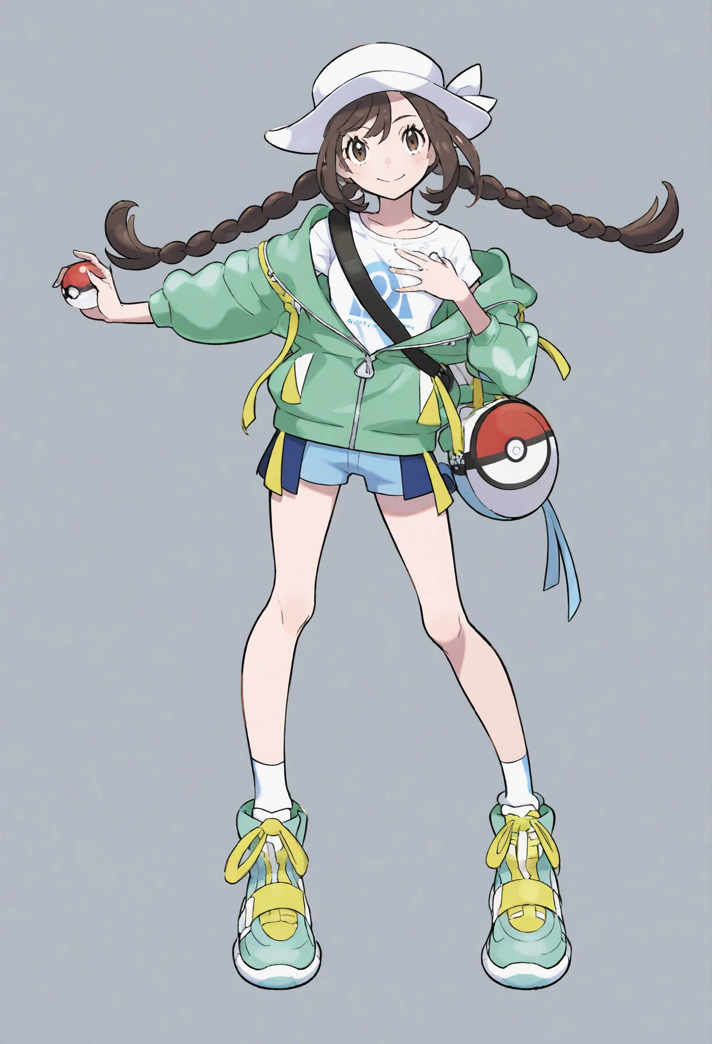 ung girl ,Brown double braids,character nearby, Pokémon style,cute,Pure white T-shirt,Sporty style light green jacket,Full Body, holding the brim with one hand ,cap,sneakers,solid color background,Smile,Poke ball ,Shoulder Bag,(brown hair),sweet,Bright expression, place one hand on your chest,pure white background,Poke round background,(solid color background)