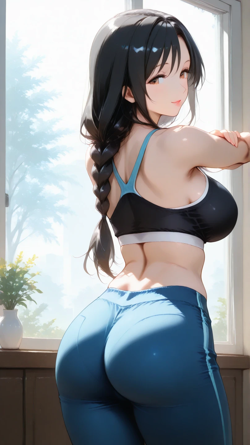 (masterpiece, side lighting, finely detailed beautiful eyes: 1.1), masterpiece portrait, realistic, 3d face, glowing eyes, shiny hair, lustrous skin, solo,full body, large breasts, <lora:breastinclassBetter_v13:0.3>, no nose, look on else where,<lora:russianDollLikeness_v3:0.3> <lora:koreanDollLikeness_v15:0.3>, ((weaved ponytail hair, blue hair)), outdoor background, (YOGA Women's Strappy Sports Bra, pink yoga tights, Heritage Sahara Earrings), turning around, from the back, squatting, (choppy fringe), huge ass