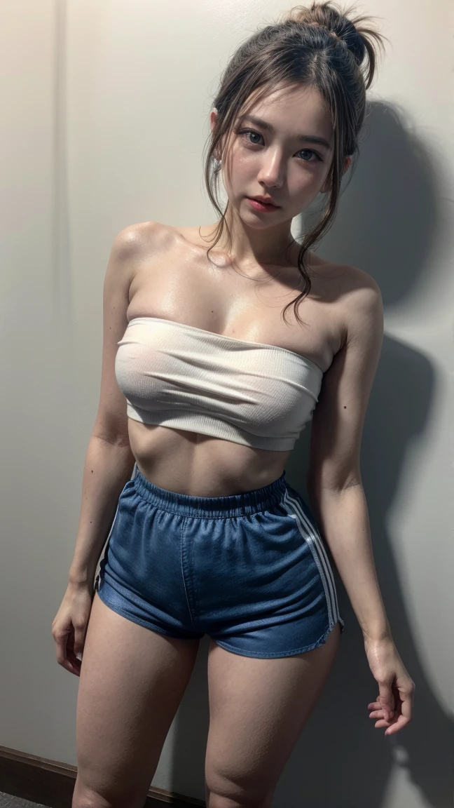 A woman in yellow pants taking a selfie with her phone, her navel is exposed, midriff exposto, foto fit, 2 Modelo feminina de 4 anos, cintura fina, vestindo croptop amarelo, tinyest midriff ever, midriff nu, usando um top cropped sexy, Puffy nipples, Bonito midriff, Encaixe figura delicada, cintura exposta, ajuste apertado